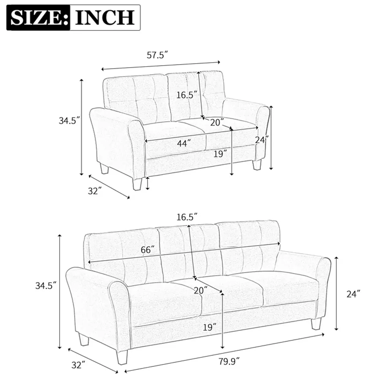 Modern Living Room Sofa Set Linen Upholstered Couch Furniture For Home Office