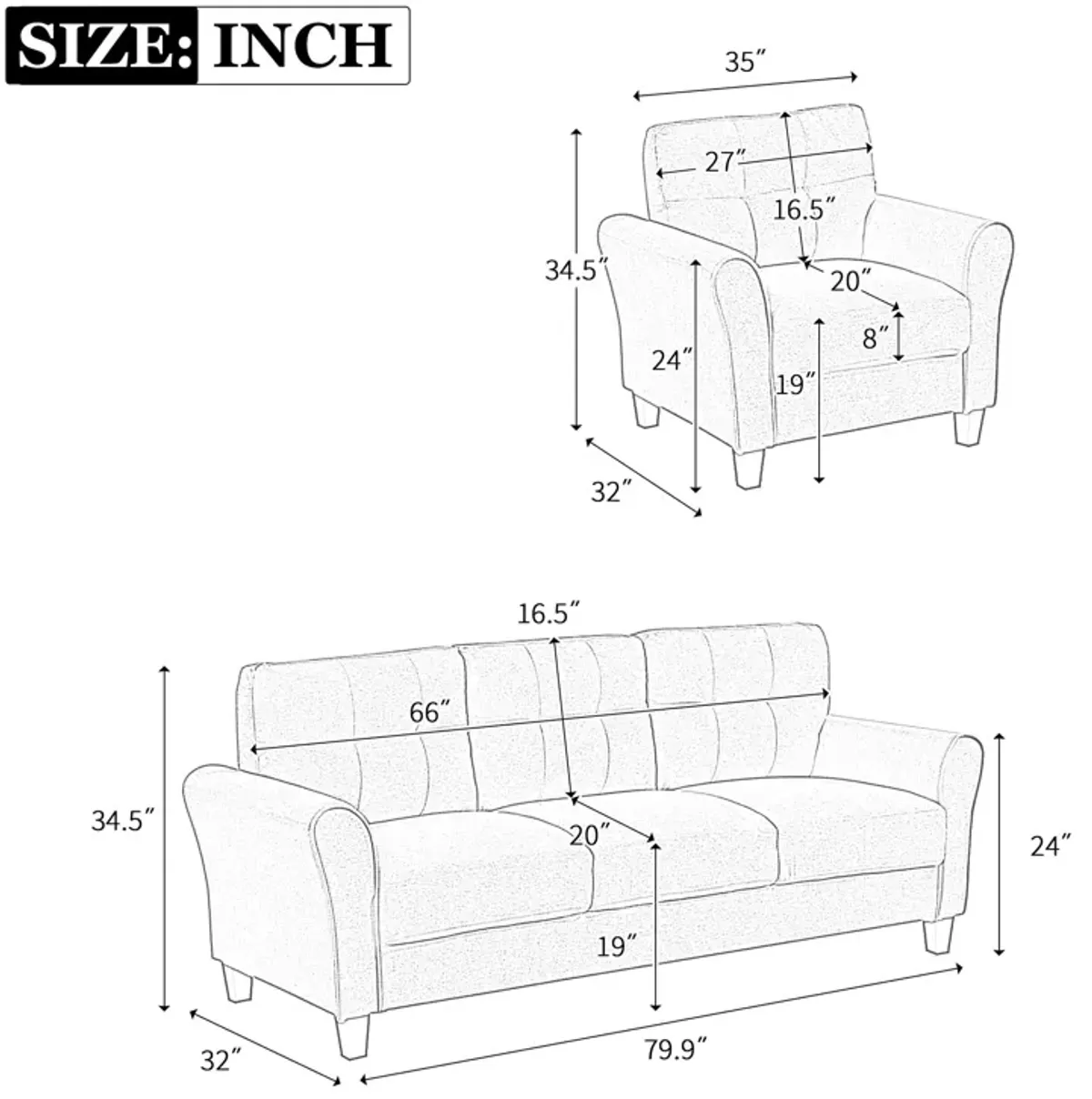 Modern Living Room Sofa Set Linen Upholstered Couch Furniture For Home Office