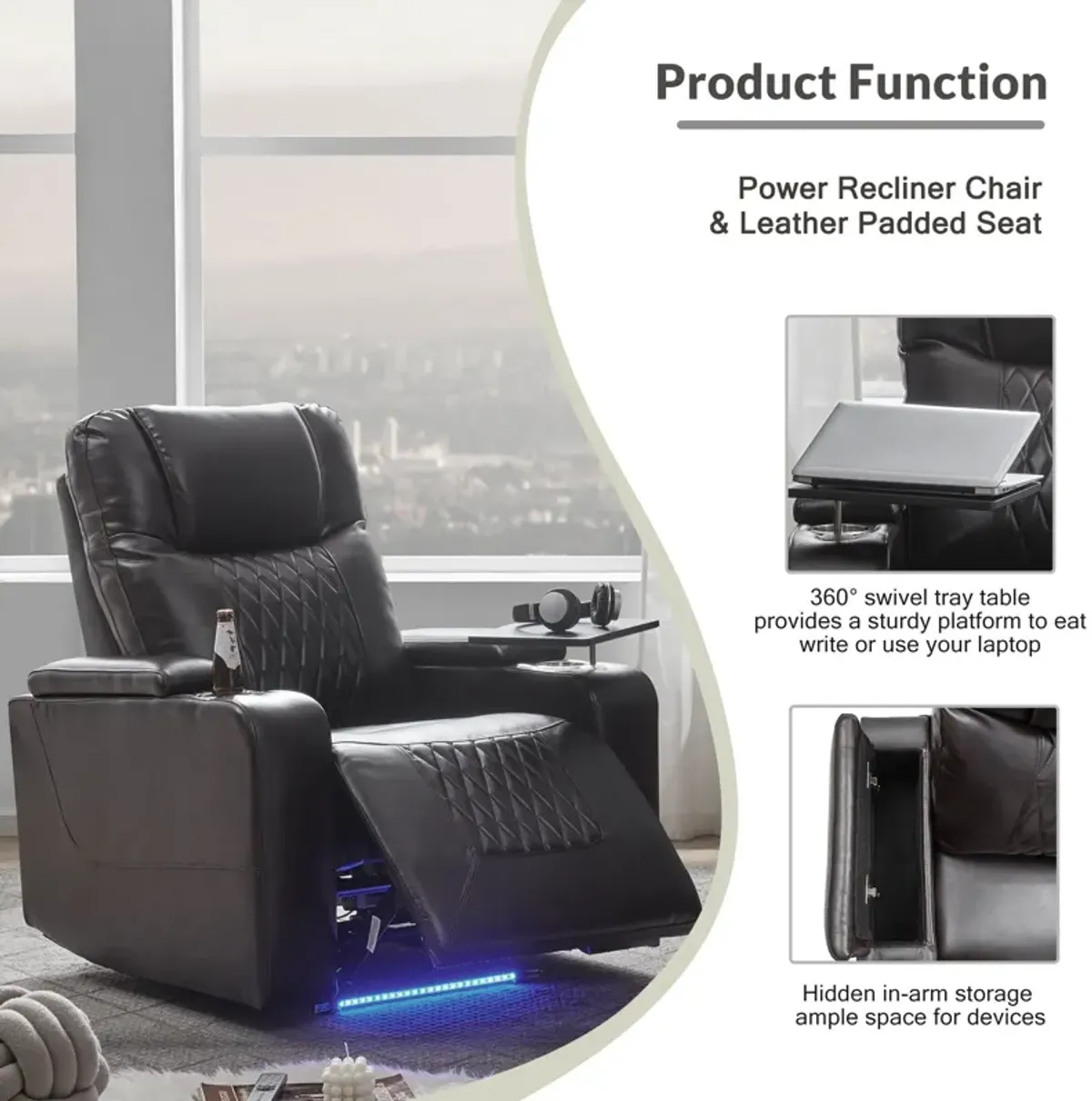 Power Motion Recliner With USB Charging Port And Hidden Arm Storage 2 Convenient Cup Holders Design And 360 Degree Swivel Tray Table