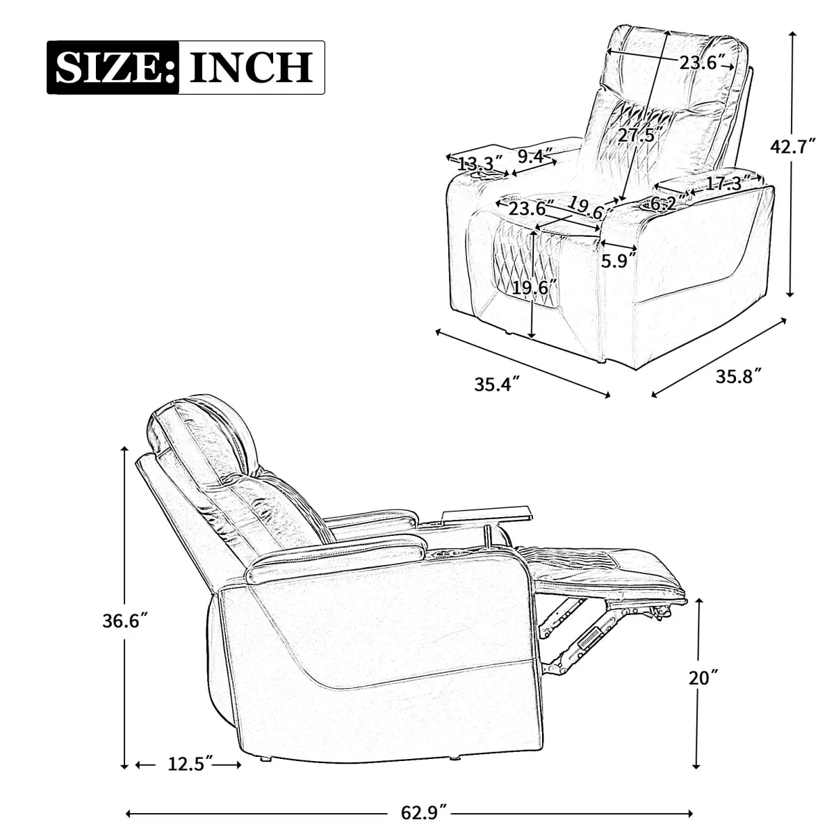 Power Motion Recliner With USB Charging Port And Hidden Arm Storage 2 Convenient Cup Holders Design And 360 Degree Swivel Tray Table