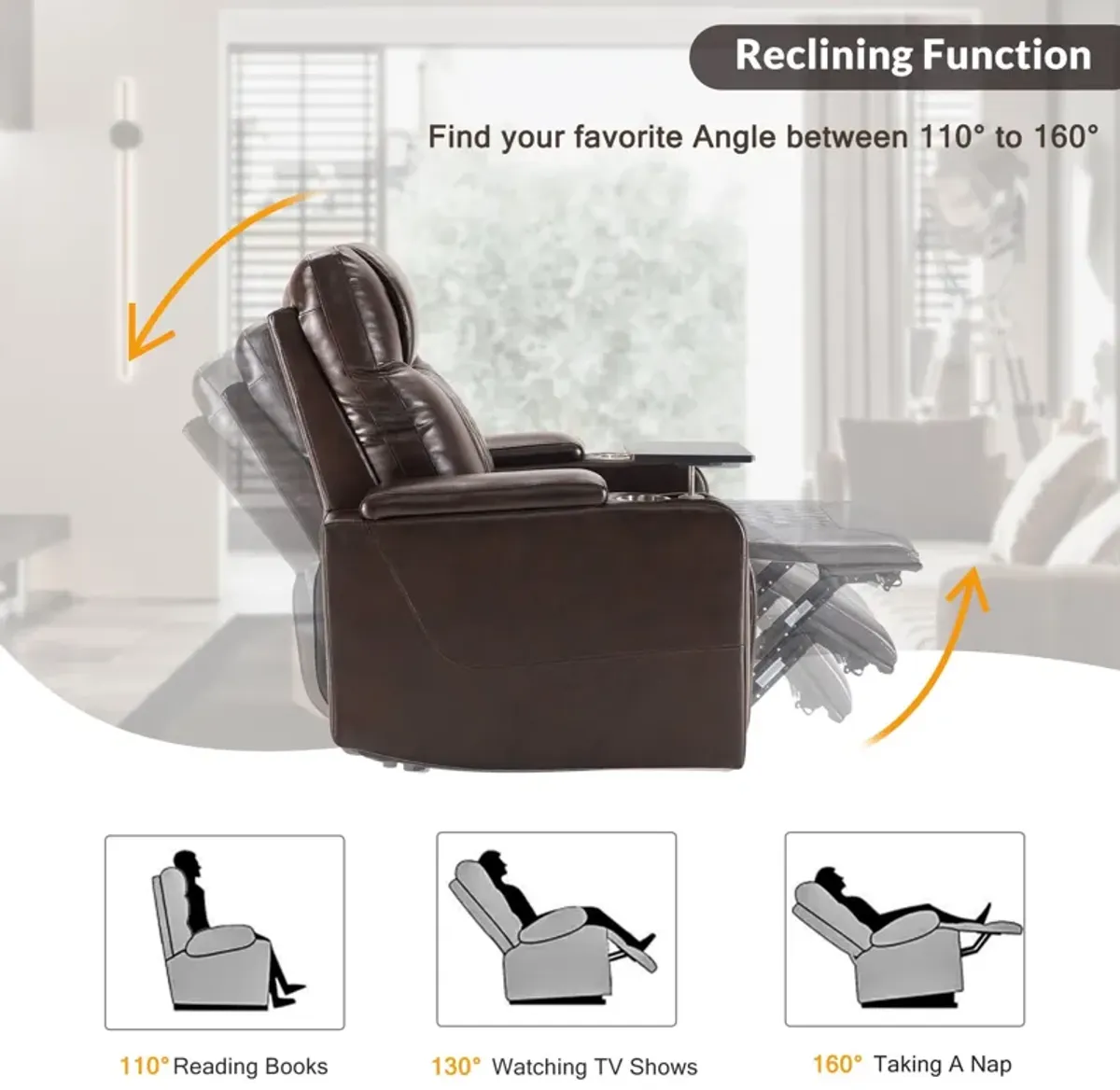 Power Motion Recliner With USB Charging Port And Hidden Arm Storage 2 Convenient Cup Holders Design And 360 Degree Swivel Tray Table