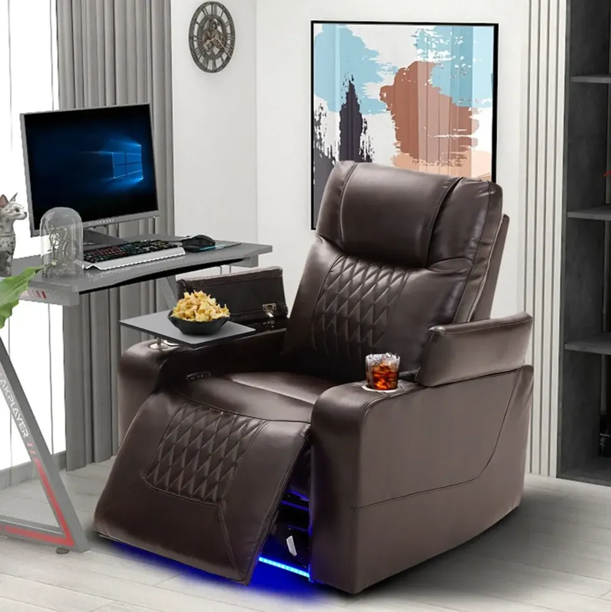 Power Motion Recliner With USB Charging Port And Hidden Arm Storage 2 Convenient Cup Holders Design And 360 Degree Swivel Tray Table