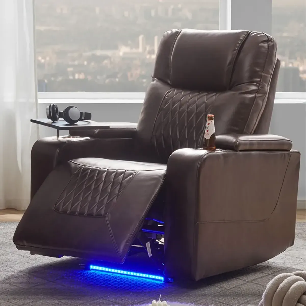 Power Motion Recliner With USB Charging Port And Hidden Arm Storage 2 Convenient Cup Holders Design And 360 Degree Swivel Tray Table