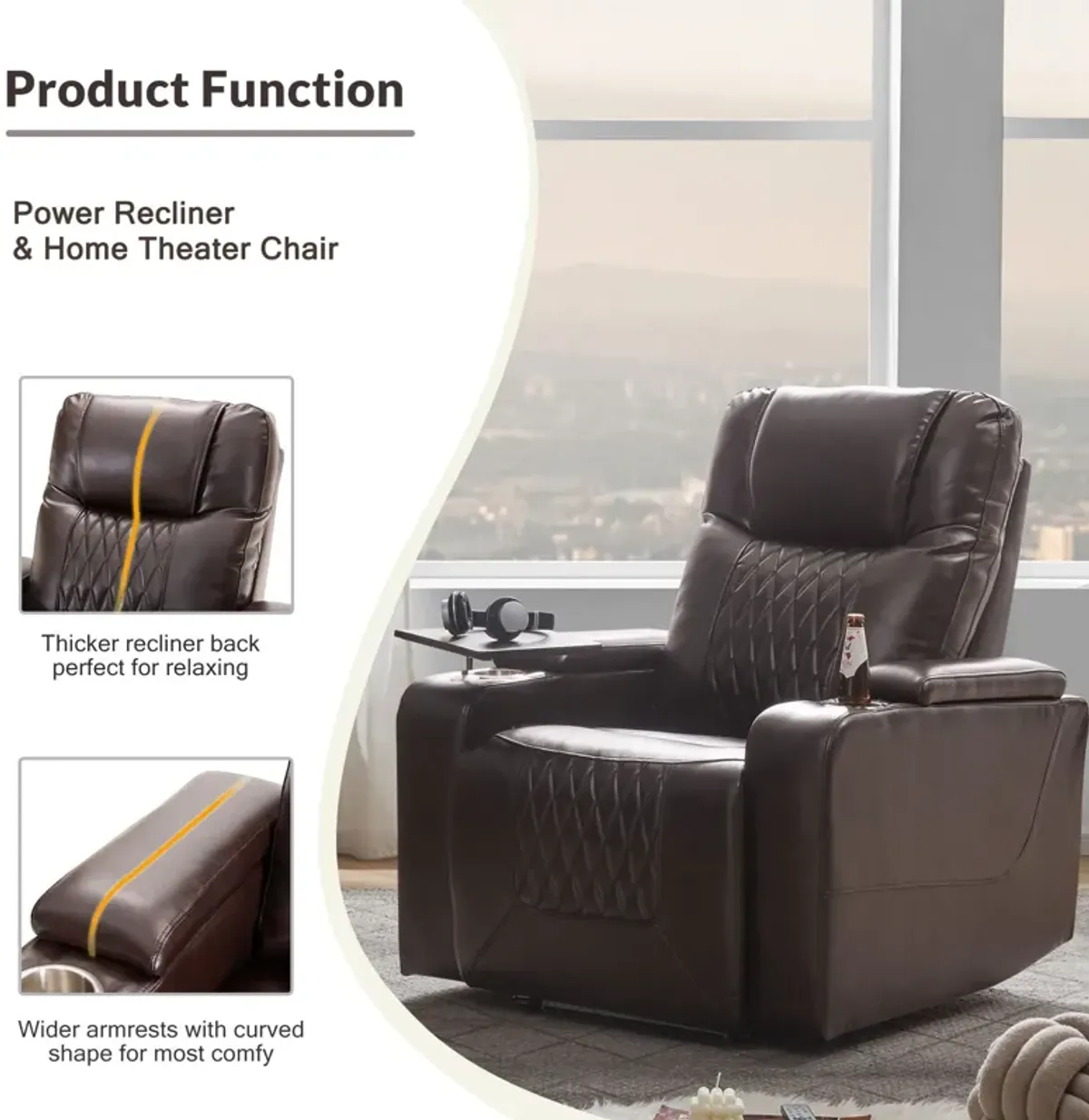 Power Motion Recliner With USB Charging Port And Hidden Arm Storage 2 Convenient Cup Holders Design And 360 Degree Swivel Tray Table