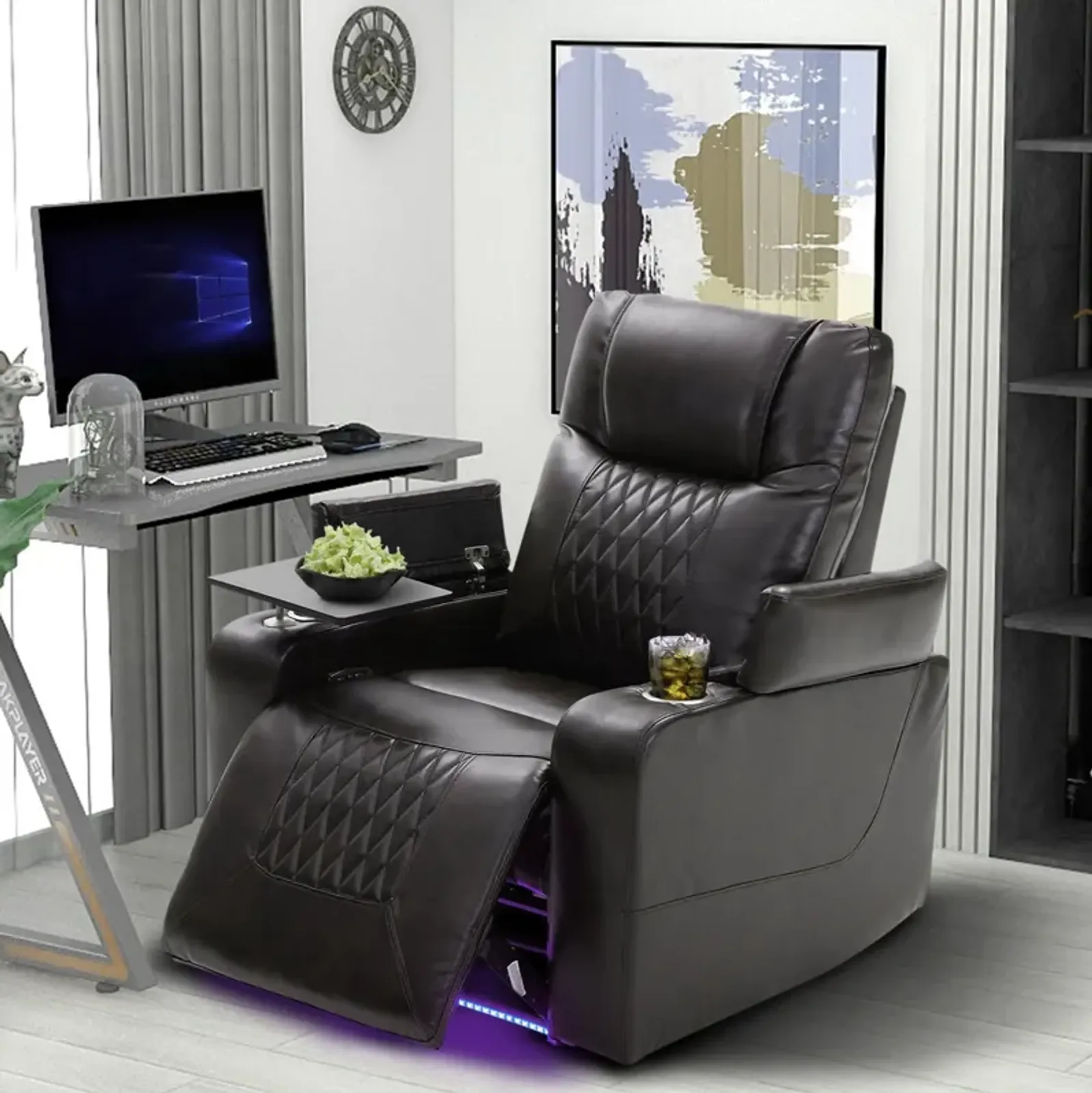 Power Motion Recliner With USB Charging Port And Hidden Arm Storage 2 Convenient Cup Holders Design And 360 Degree Swivel Tray Table