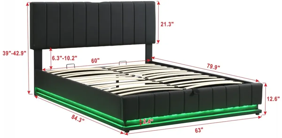 Queen Size Upholstered Bed With Hydraulic Storage System And LED Light, Modern Platform Bed With Sockets And USB Ports