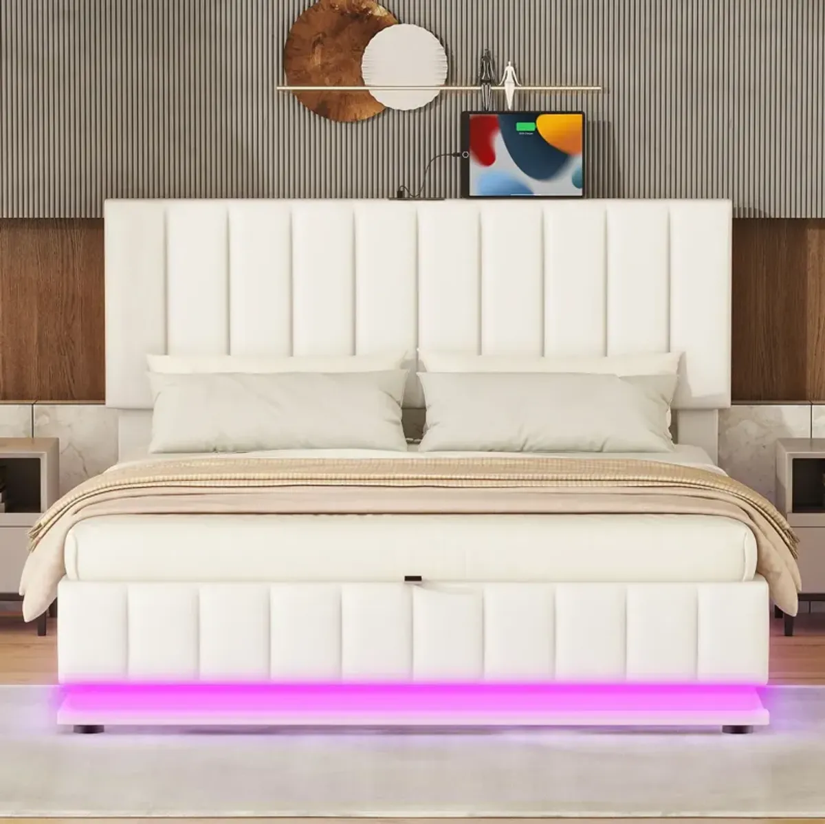 Queen Size Upholstered Bed With Hydraulic Storage System And LED Light, Modern Platform Bed With Sockets And USB Ports