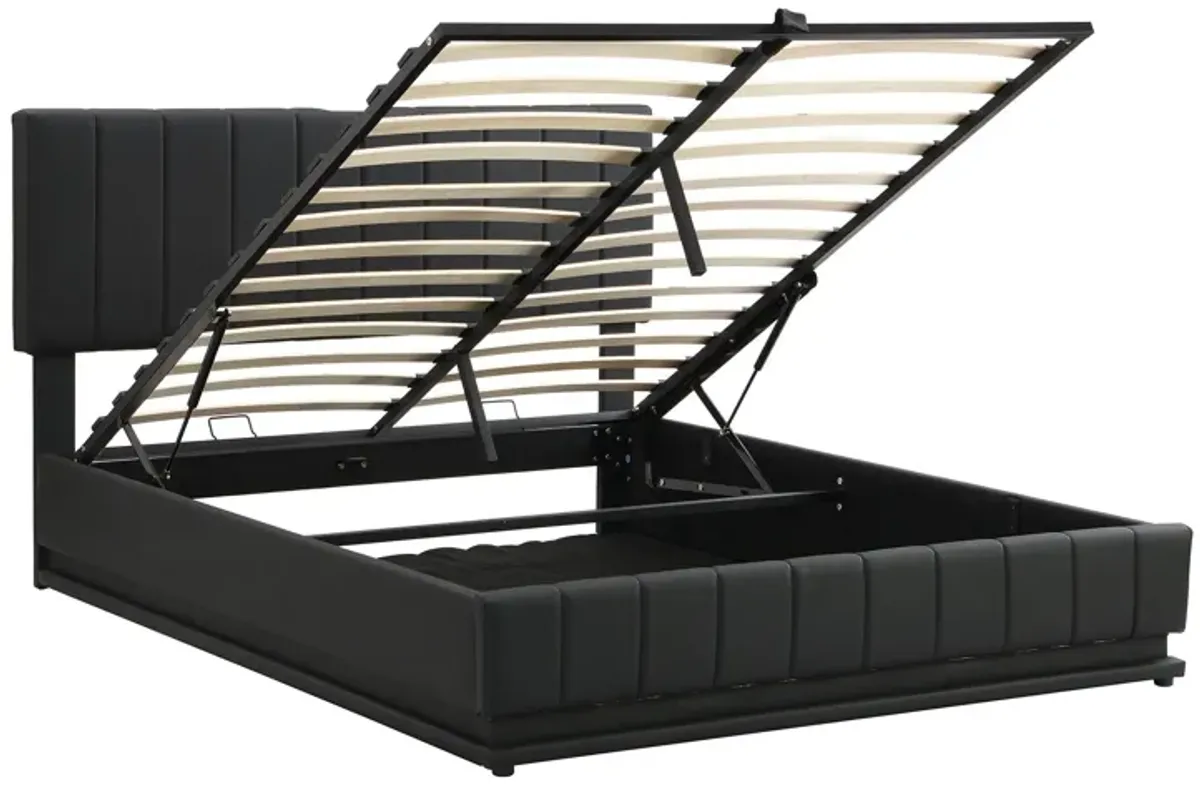 Queen Size Upholstered Bed With Hydraulic Storage System And LED Light, Modern Platform Bed With Sockets And USB Ports