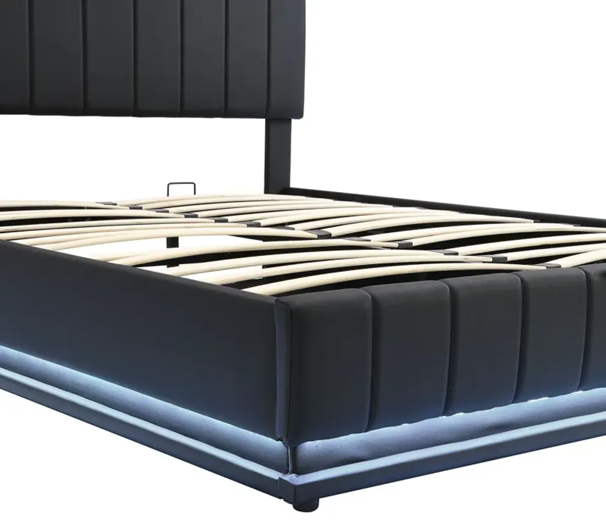 Queen Size Upholstered Bed With Hydraulic Storage System And LED Light, Modern Platform Bed With Sockets And USB Ports