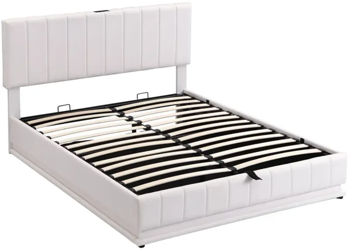 Queen Size Upholstered Bed With Hydraulic Storage System And LED Light, Modern Platform Bed With Sockets And USB Ports