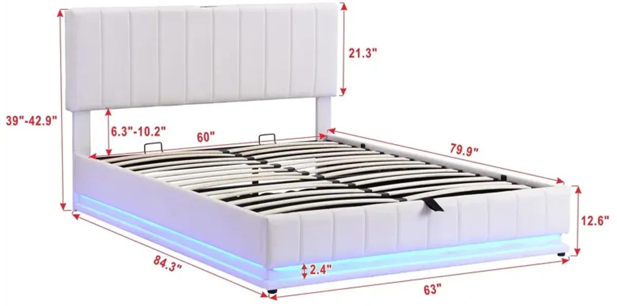 Queen Size Upholstered Bed With Hydraulic Storage System And LED Light, Modern Platform Bed With Sockets And USB Ports