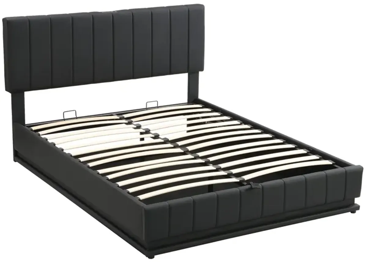 Queen Size Upholstered Bed With Hydraulic Storage System And LED Light, Modern Platform Bed With Sockets And USB Ports