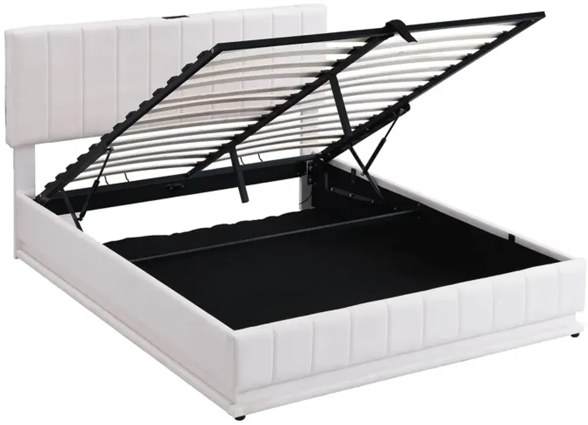 Queen Size Upholstered Bed With Hydraulic Storage System And LED Light, Modern Platform Bed With Sockets And USB Ports