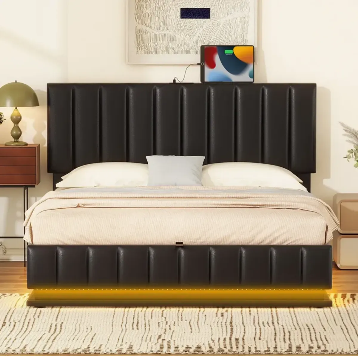 Queen Size Upholstered Bed With Hydraulic Storage System And LED Light, Modern Platform Bed With Sockets And USB Ports