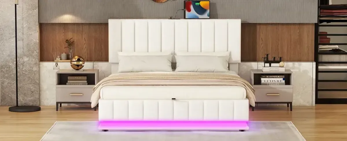 Queen Size Upholstered Bed With Hydraulic Storage System And LED Light, Modern Platform Bed With Sockets And USB Ports