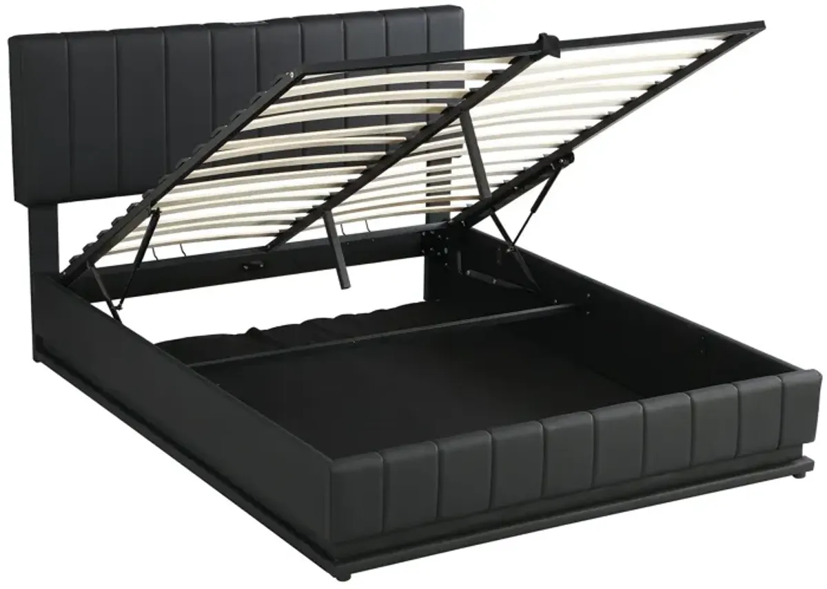 Queen Size Upholstered Bed With Hydraulic Storage System And LED Light, Modern Platform Bed With Sockets And USB Ports