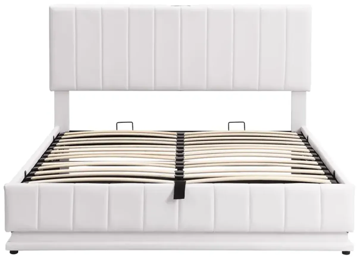 Queen Size Upholstered Bed With Hydraulic Storage System And LED Light, Modern Platform Bed With Sockets And USB Ports