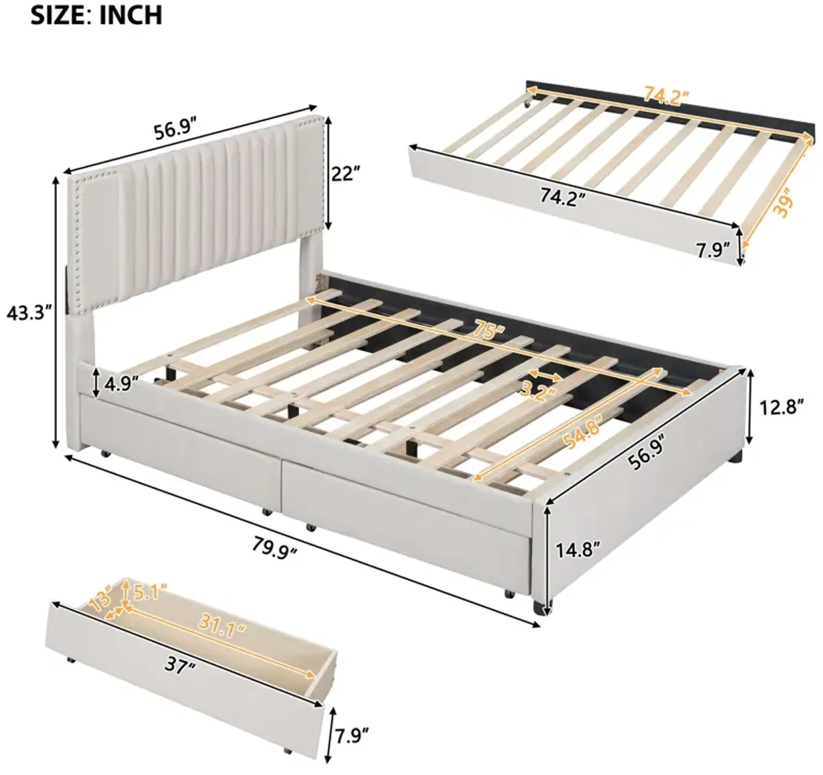 Upholstered Platform Bed With 2 Drawers And 1 Trundle, Classic Headboard Design