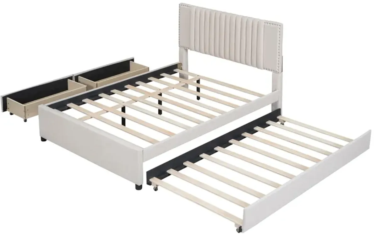 Upholstered Platform Bed With 2 Drawers And 1 Trundle, Classic Headboard Design