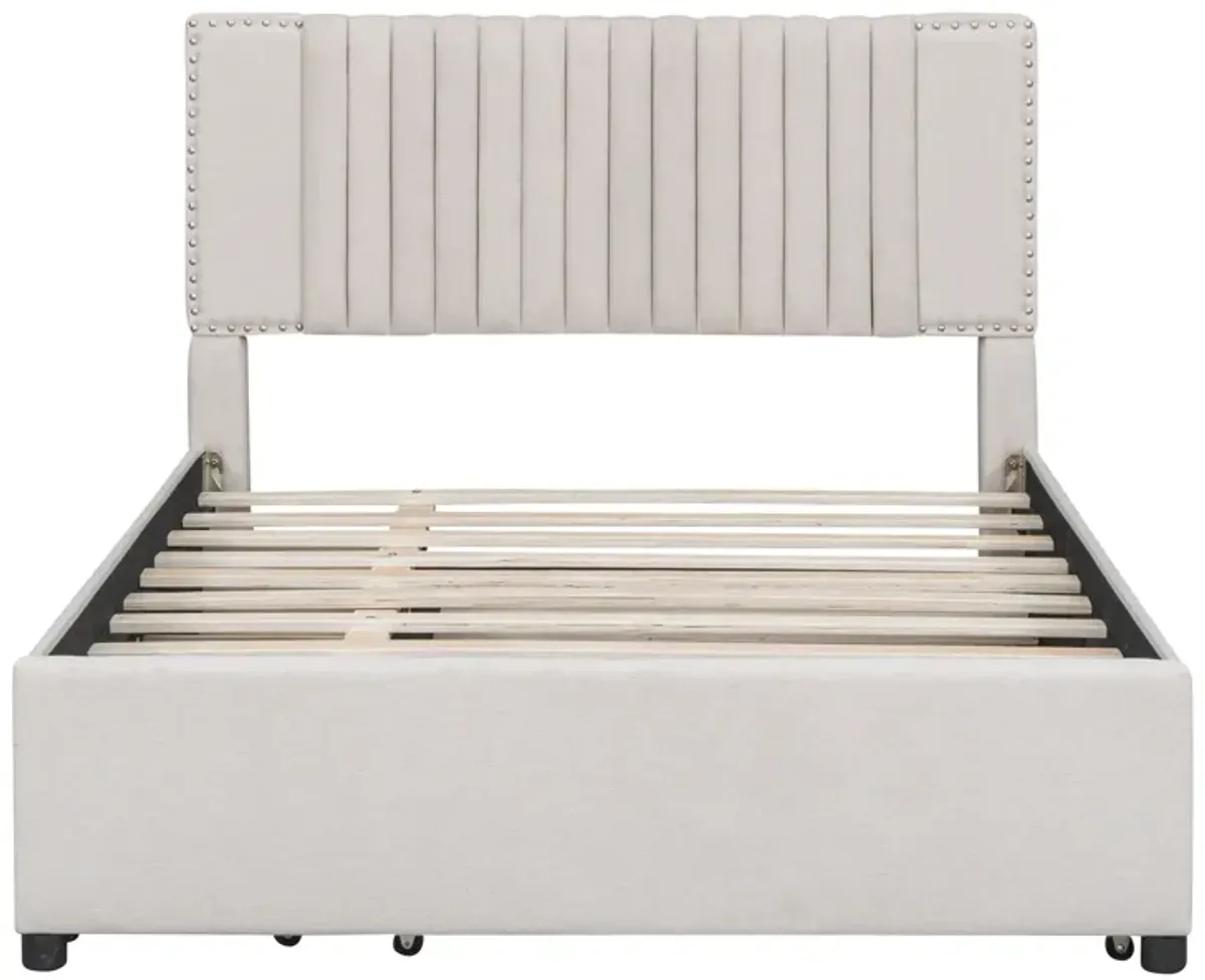 Upholstered Platform Bed With 2 Drawers And 1 Trundle, Classic Headboard Design