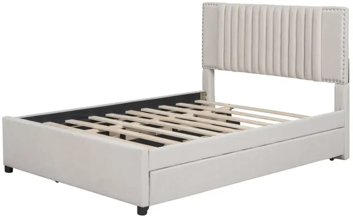 Upholstered Platform Bed With 2 Drawers And 1 Trundle, Classic Headboard Design