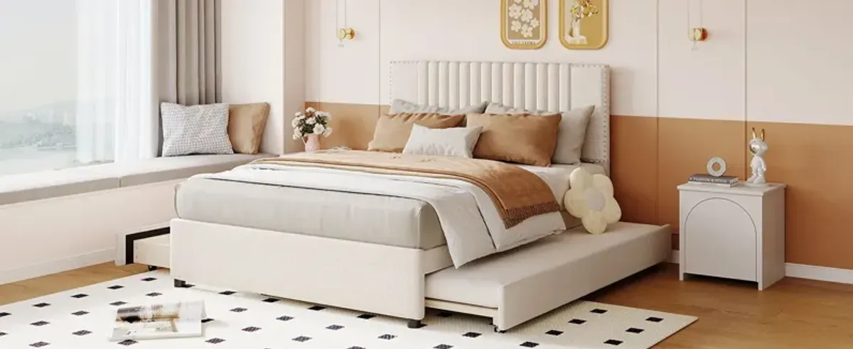 Upholstered Platform Bed With 2 Drawers And 1 Trundle, Classic Headboard Design