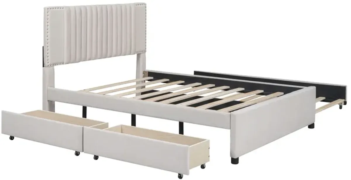 Upholstered Platform Bed With 2 Drawers And 1 Trundle, Classic Headboard Design