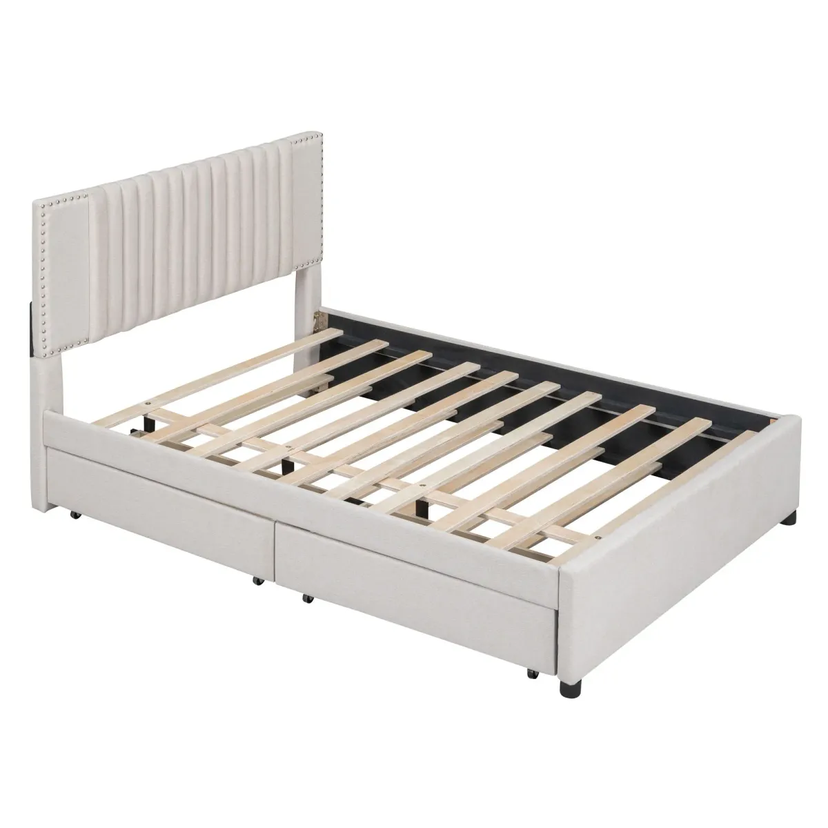 Upholstered Platform Bed With 2 Drawers And 1 Trundle, Classic Headboard Design