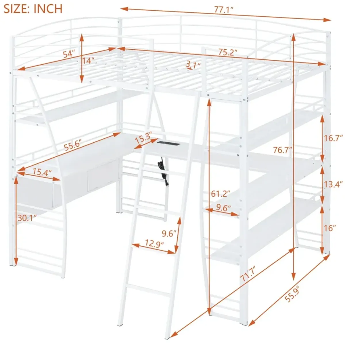 Loft Bed With 4 Layers Of Shelves And L-Shaped Desk, Stylish Metal Frame Bed With A Set Of Sockets, USB Ports And And Wireless Charging