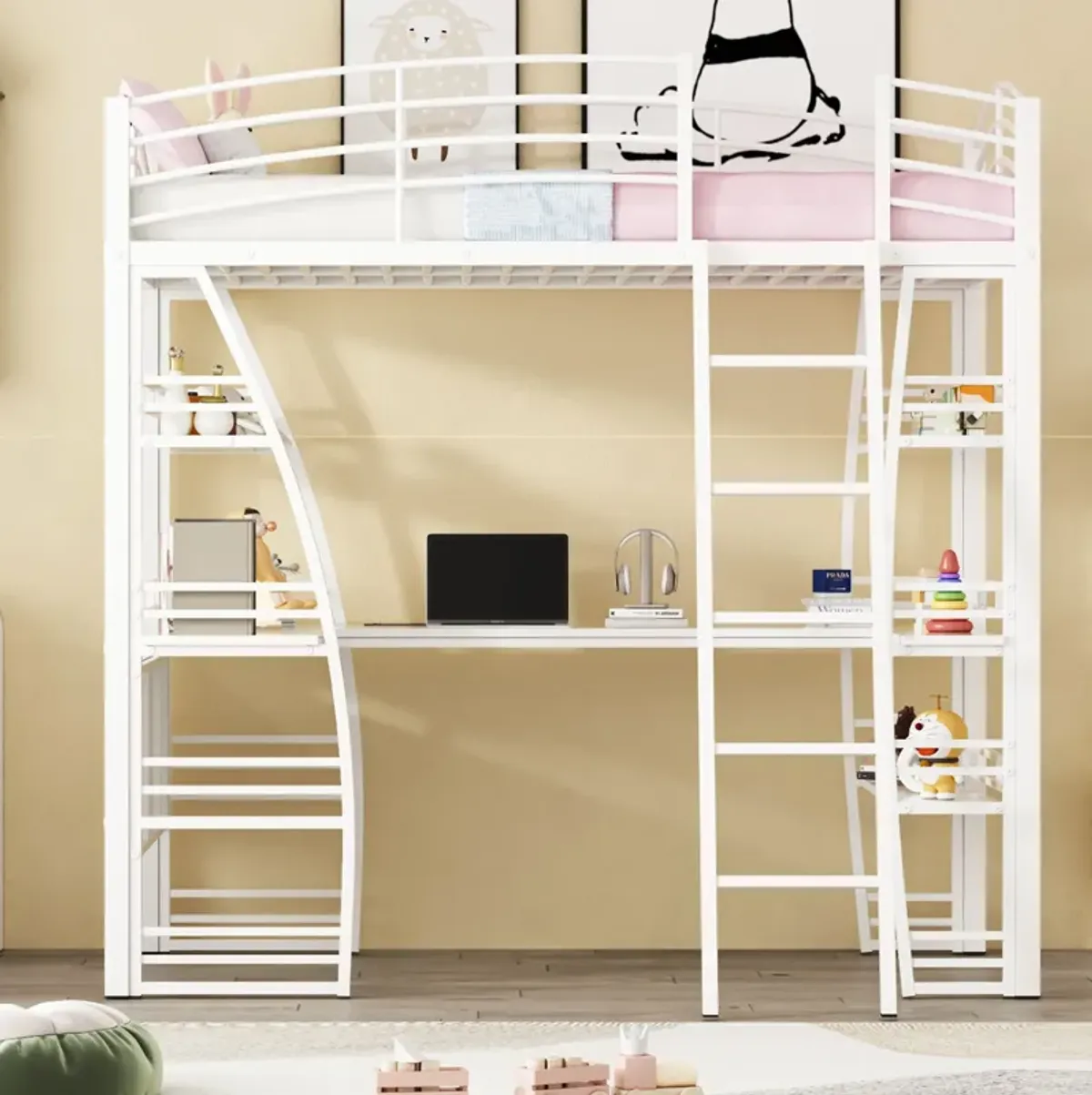 Loft Bed With 4 Layers Of Shelves And L-Shaped Desk, Stylish Metal Frame Bed With A Set Of Sockets, USB Ports And And Wireless Charging