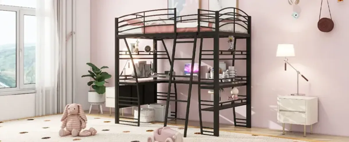 Loft Bed With 4 Layers Of Shelves And L-Shaped Desk, Stylish Metal Frame Bed With A Set Of Sockets, USB Ports And And Wireless Charging