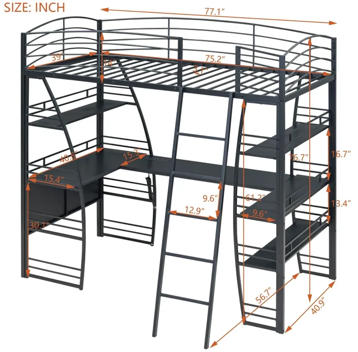 Loft Bed With 4 Layers Of Shelves And L-Shaped Desk, Stylish Metal Frame Bed With A Set Of Sockets, USB Ports And And Wireless Charging