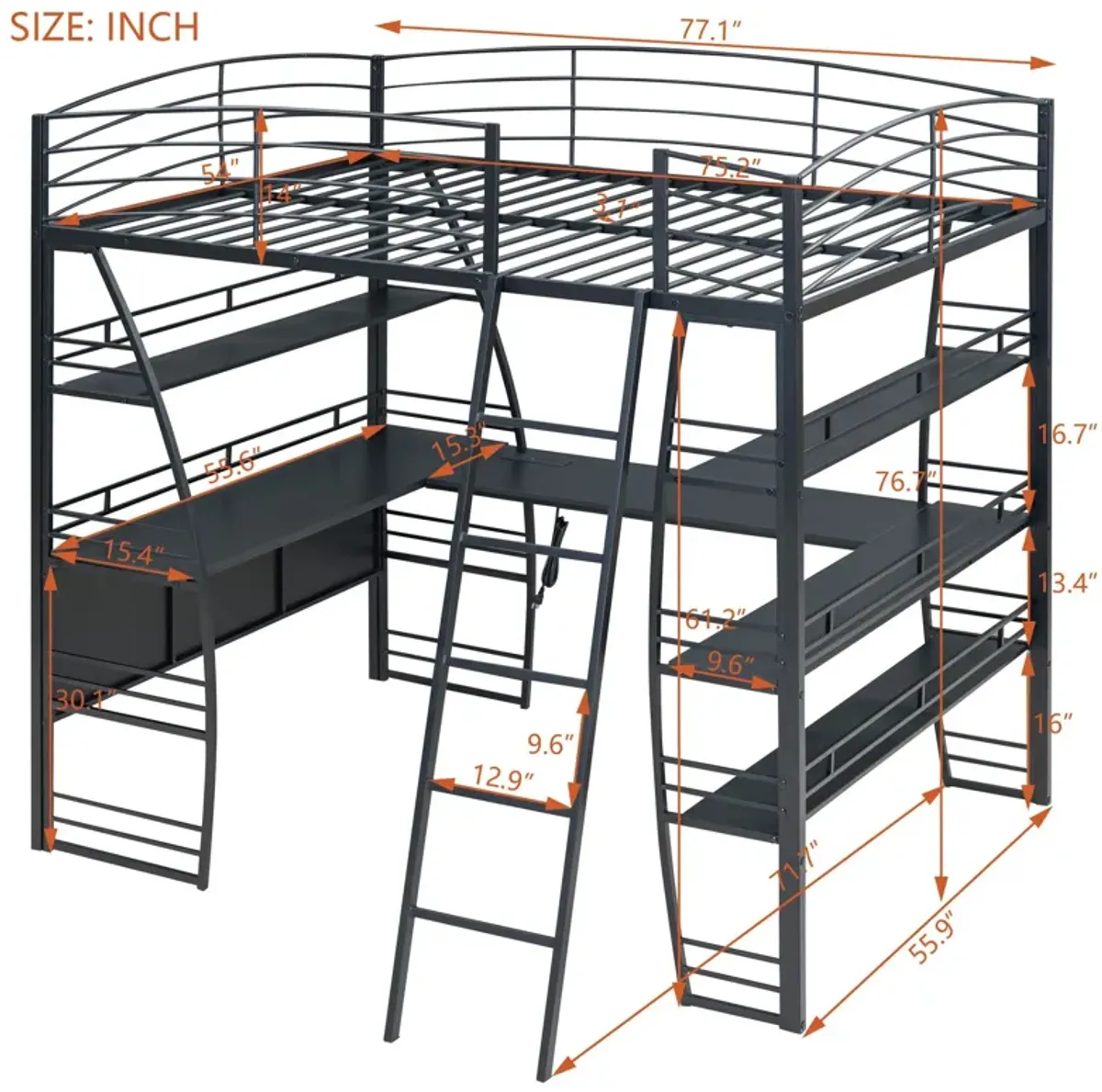 Loft Bed With 4 Layers Of Shelves And L-Shaped Desk, Stylish Metal Frame Bed With A Set Of Sockets, USB Ports And And Wireless Charging