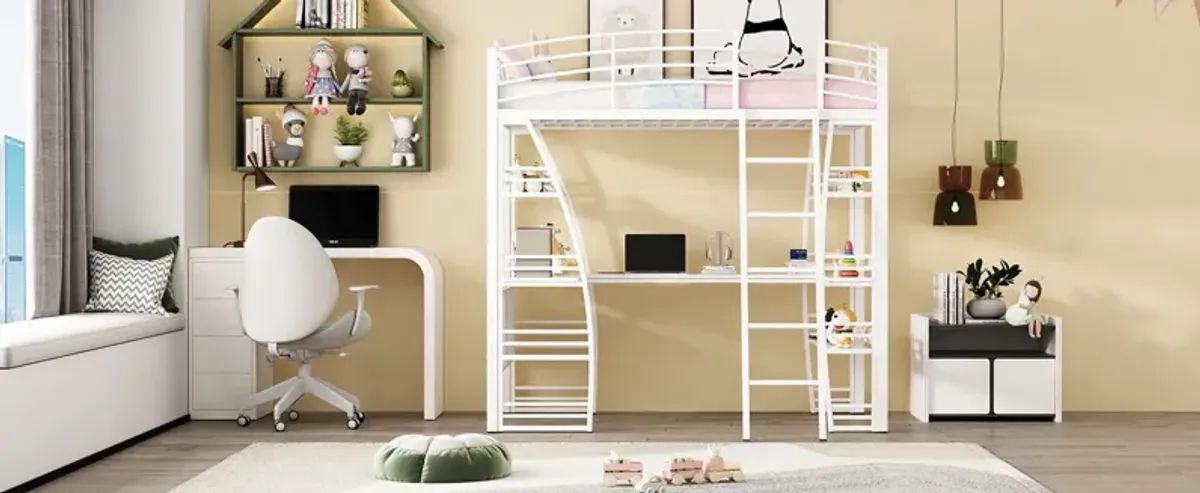 Loft Bed With 4 Layers Of Shelves And L-Shaped Desk, Stylish Metal Frame Bed With A Set Of Sockets, USB Ports And And Wireless Charging