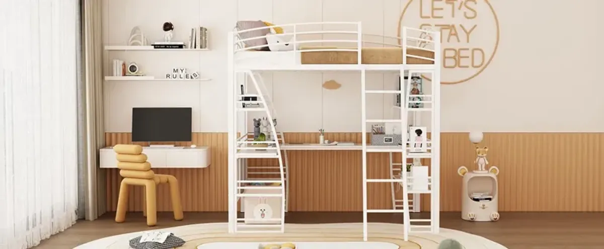 Loft Bed With 4 Layers Of Shelves And L-Shaped Desk, Stylish Metal Frame Bed With A Set Of Sockets, USB Ports And And Wireless Charging