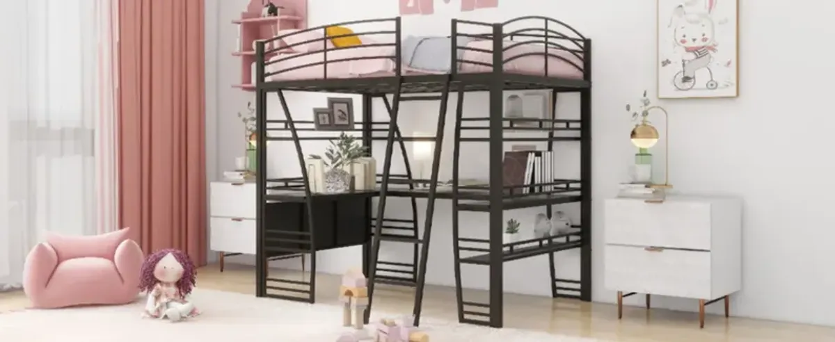 Loft Bed With 4 Layers Of Shelves And L-Shaped Desk, Stylish Metal Frame Bed With A Set Of Sockets, USB Ports And And Wireless Charging