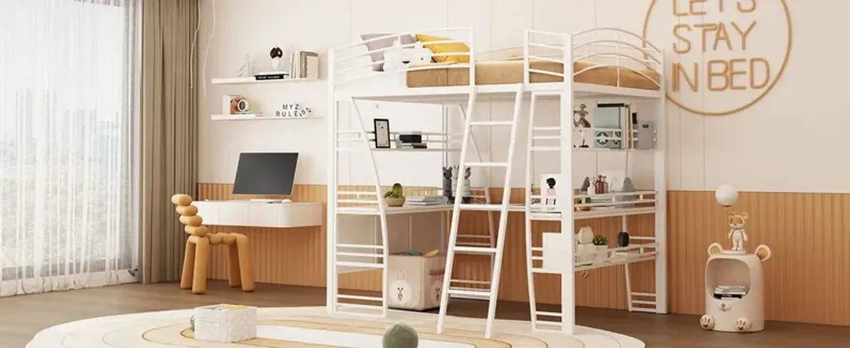 Loft Bed With 4 Layers Of Shelves And L-Shaped Desk, Stylish Metal Frame Bed With A Set Of Sockets, USB Ports And And Wireless Charging