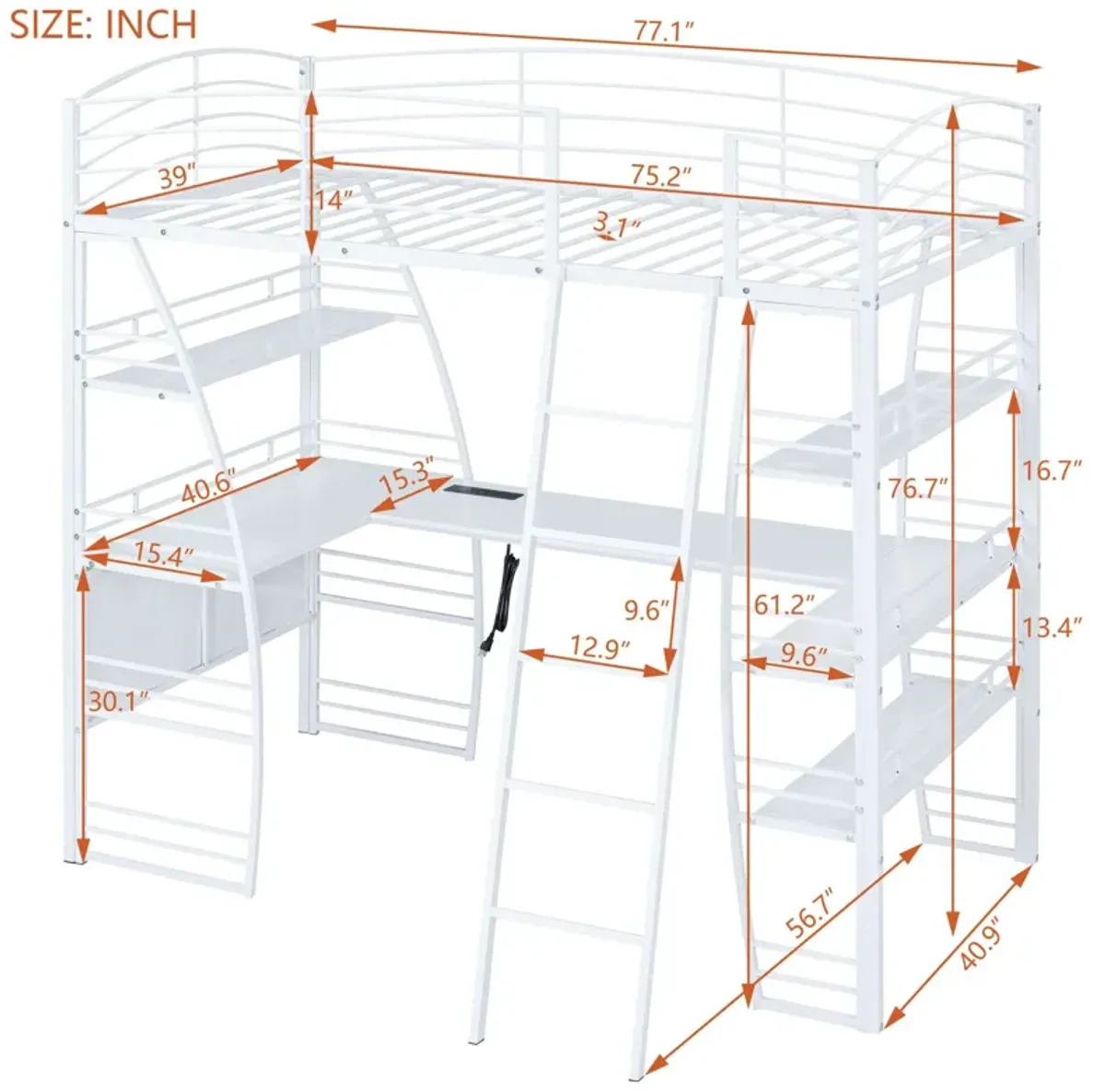 Loft Bed With 4 Layers Of Shelves And L-Shaped Desk, Stylish Metal Frame Bed With A Set Of Sockets, USB Ports And And Wireless Charging