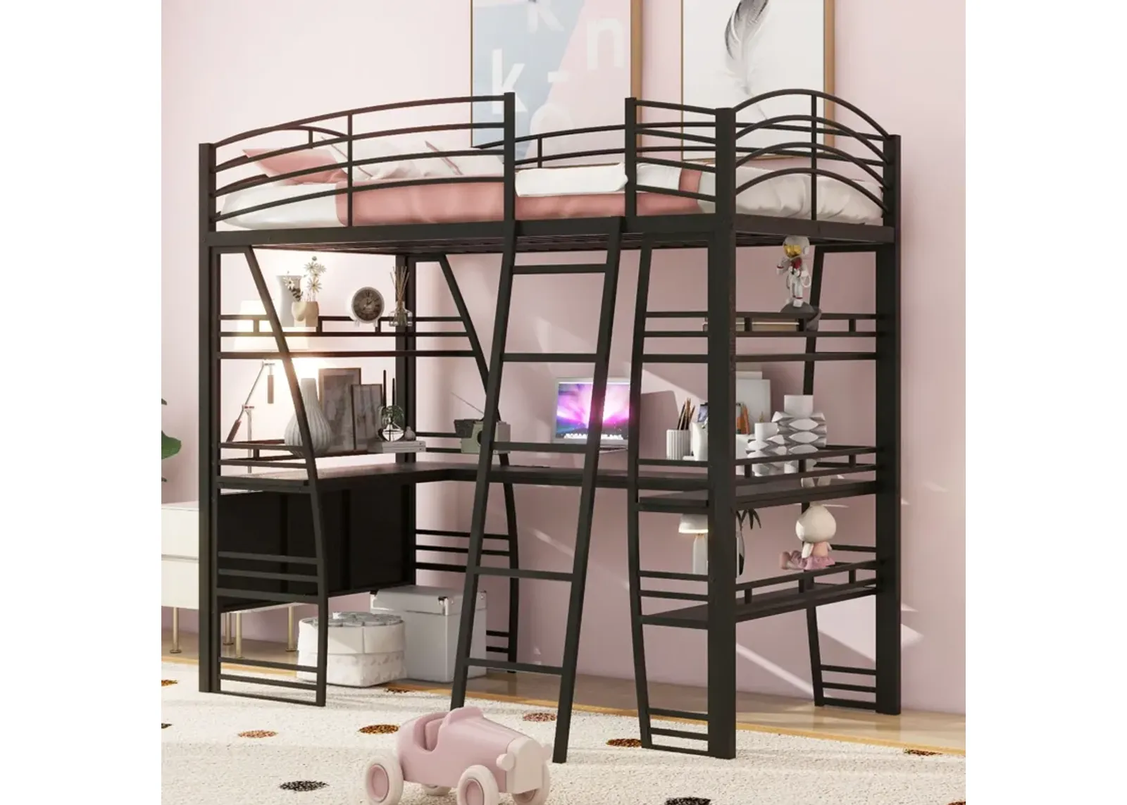 Loft Bed With 4 Layers Of Shelves And L-Shaped Desk, Stylish Metal Frame Bed With A Set Of Sockets, USB Ports And And Wireless Charging