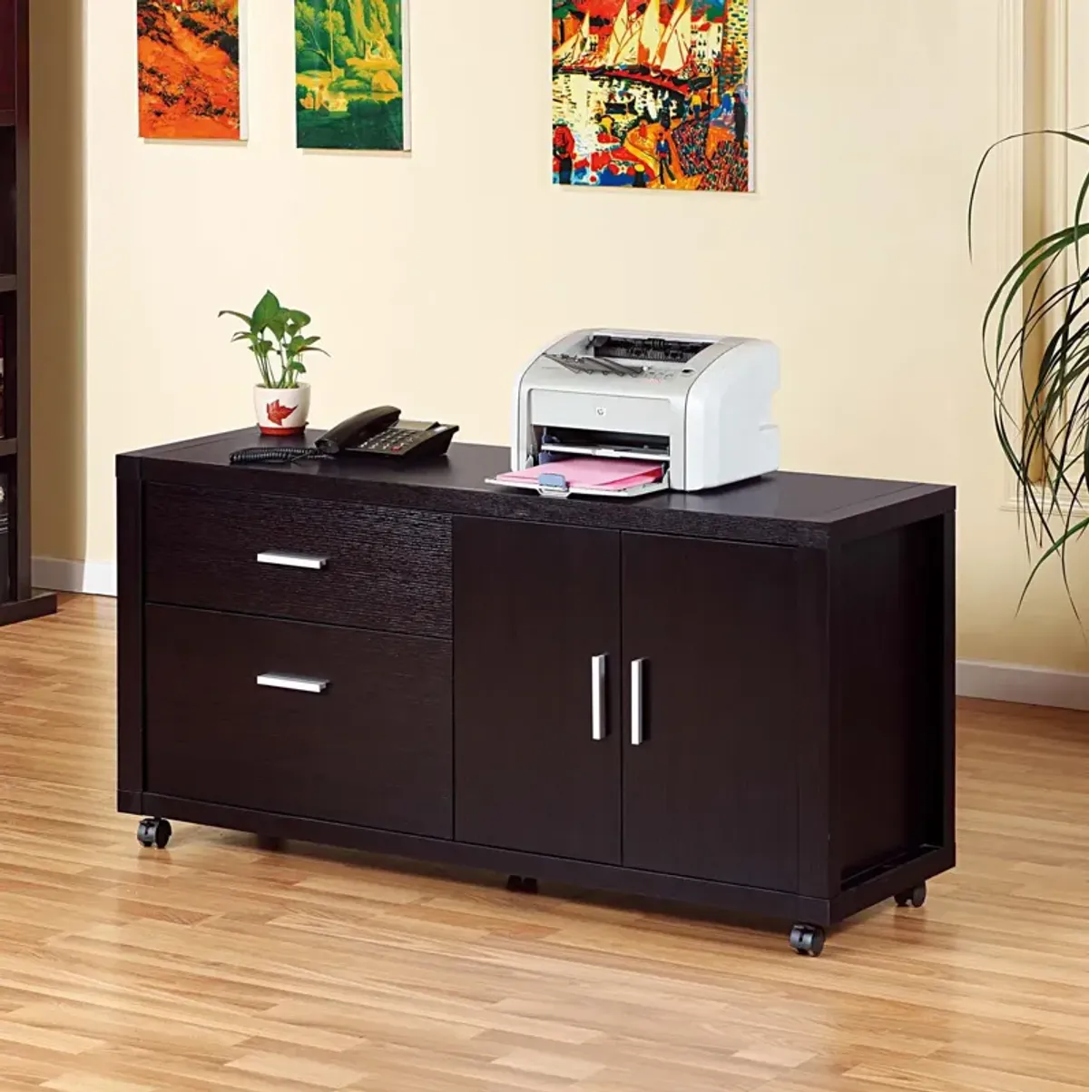 Office File Credenza, Work Office Printer Cabinet With Storage Drawers And File Cabinet - Red Cocoa