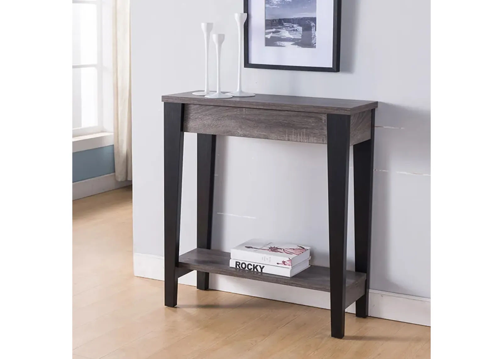 Home, Elegant Console Table, Display Table With Drawer And Bottom Shelf - Distressed Gray / Black