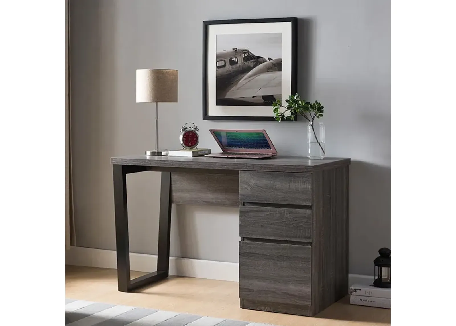 Executive Home Office Desk With Two Storage Drawers And File Cabinet - Distressed Gray / Black