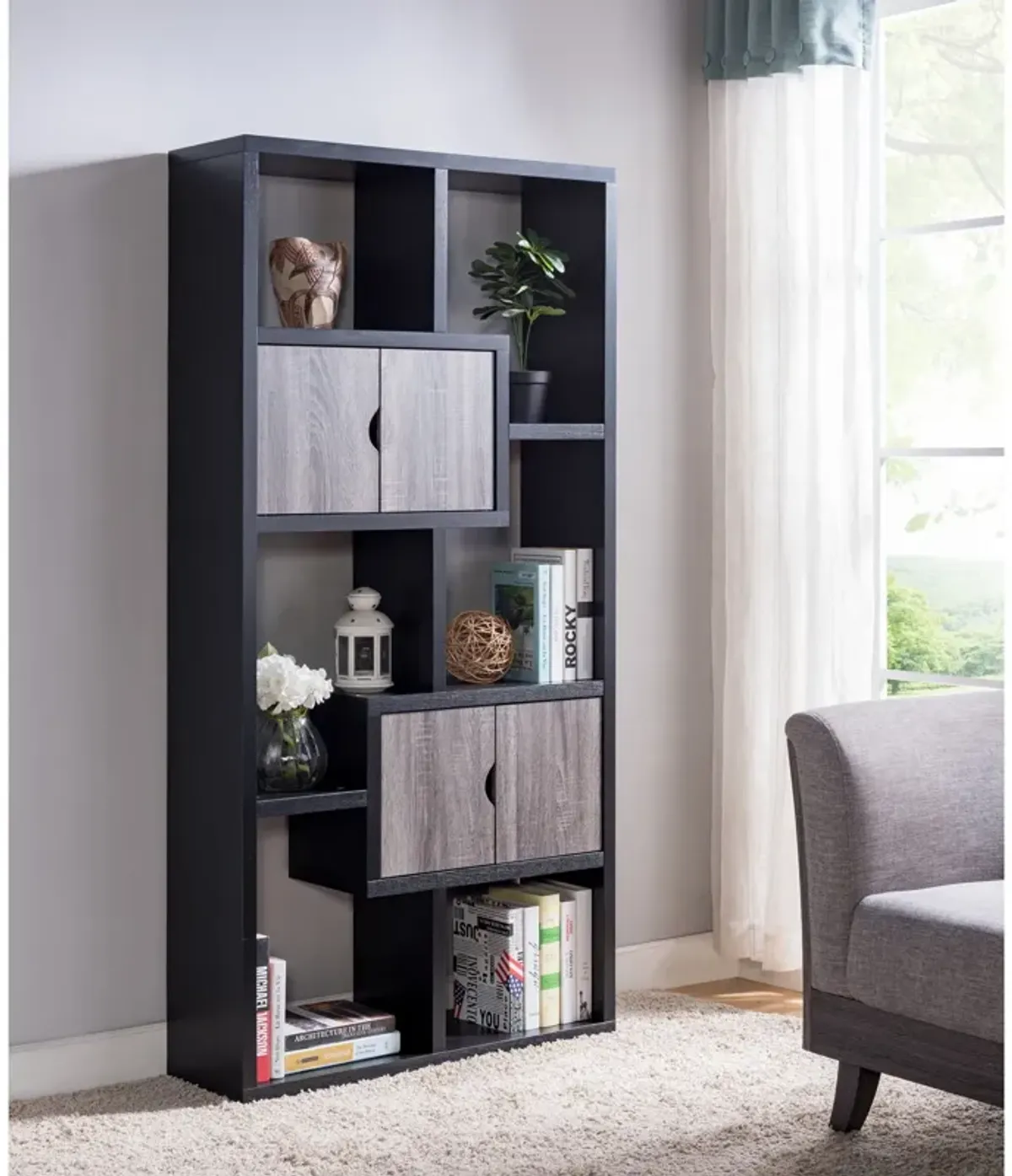 Two Toned Display Cabinet, Two Door Bookcase Six Shelves - Black / Distressed Gray