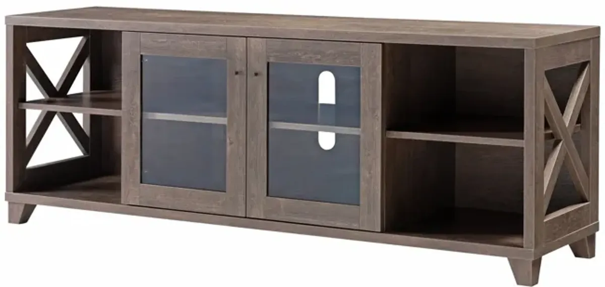 Home TV Stand With Four Side Shelves And Transparent Center Storage Cabinet - Walnut Oak