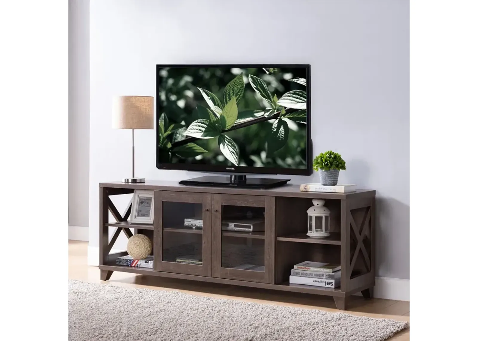 Home TV Stand With Four Side Shelves And Transparent Center Storage Cabinet - Walnut Oak