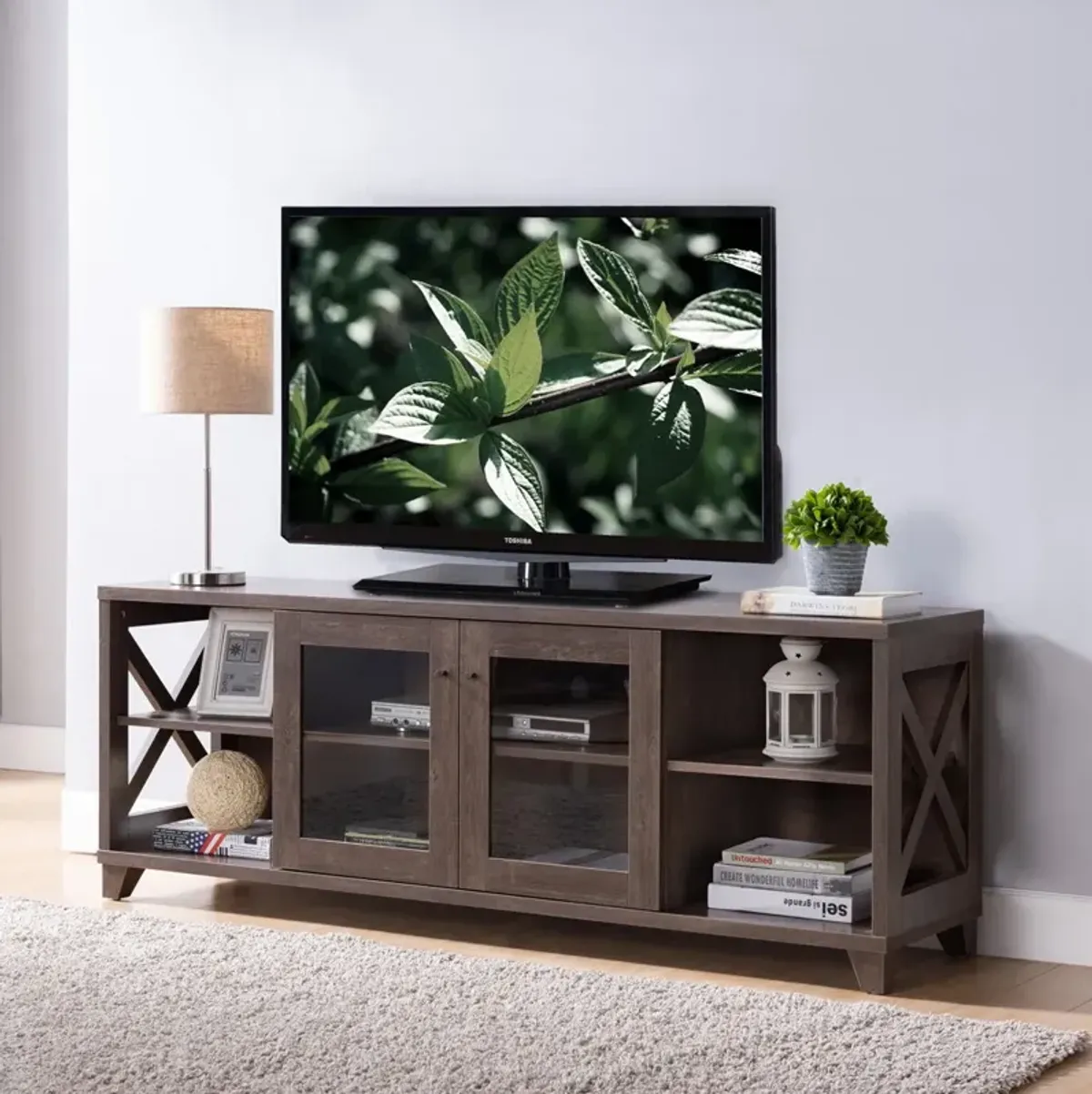 Home TV Stand With Four Side Shelves And Transparent Center Storage Cabinet - Walnut Oak