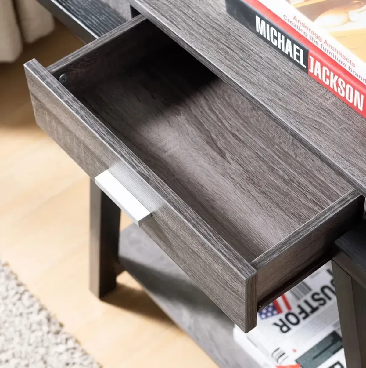 Modern Hallway Display Table With Drawer & Bottom Shelve - Distressed Gray / Black