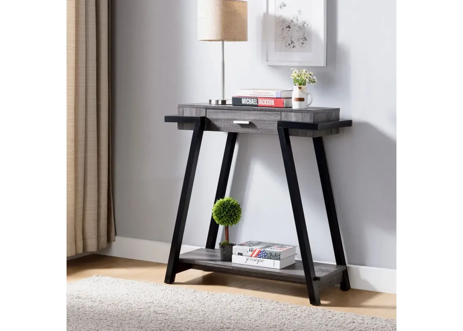 Modern Hallway Display Table With Drawer & Bottom Shelve - Distressed Gray / Black