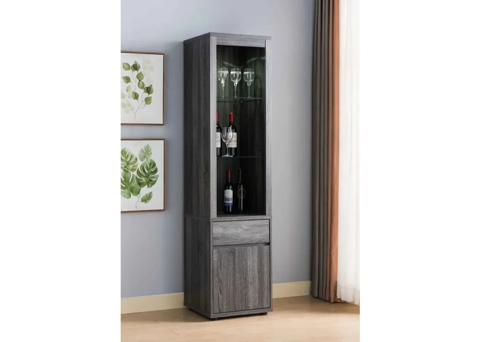 Modern Wine Showcasing Cabinet With Two Glass Shelves And Storage Cabinet - Distressed Gray