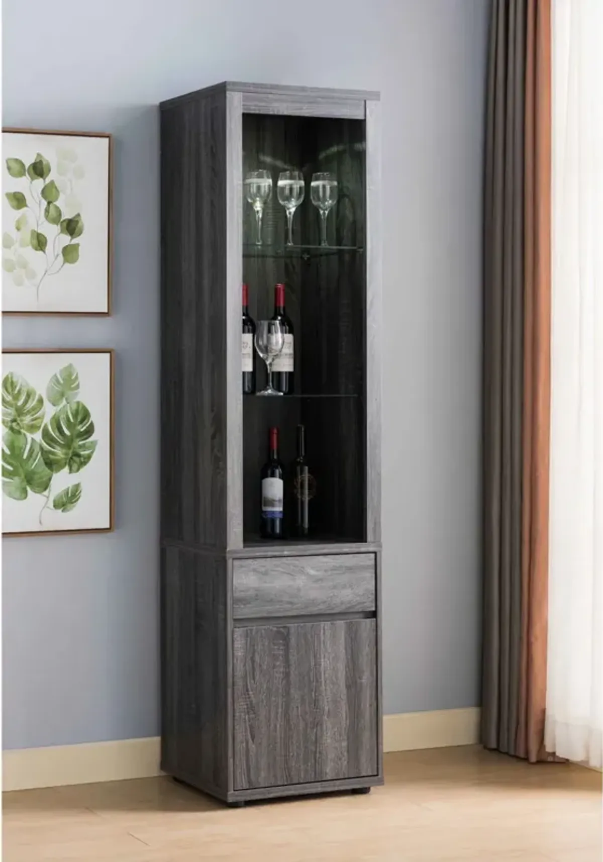 Modern Wine Showcasing Cabinet With Two Glass Shelves And Storage Cabinet - Distressed Gray